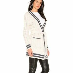 NWT CHASER Cream Navy Blue Chunky Cable Knit Waist Tie Cardigan Sweater Small